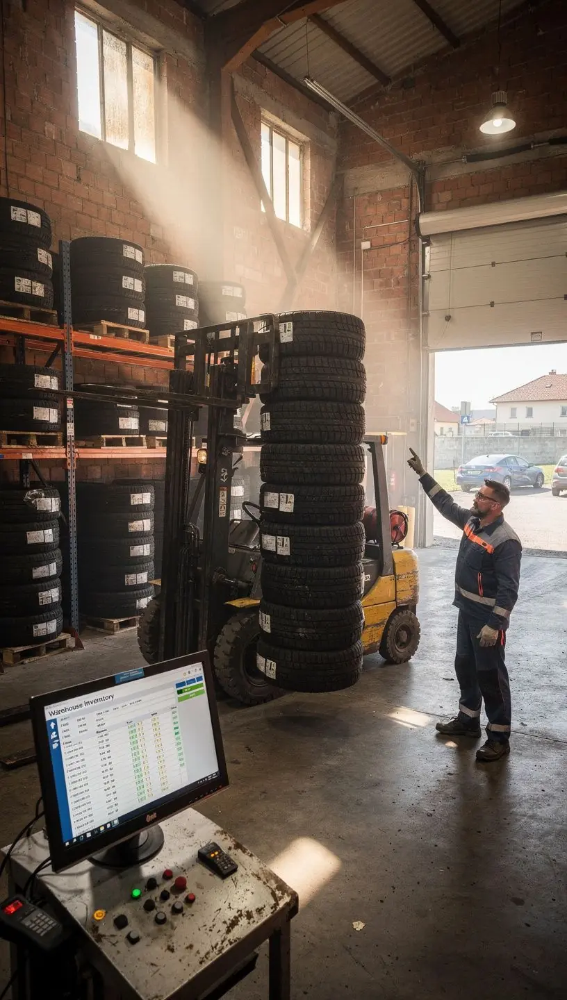 Zamestnanec servisu zdvíha auto na zdviháku pre bezpečnú montáž zimných pneumatík.